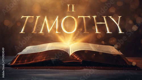 Book of 2 Timothy.  Open bible revealing the name of the book of the bible in a epic cinematic presentation. Ideal for slideshows, bible study, banners, landing pages, religious cults and more.