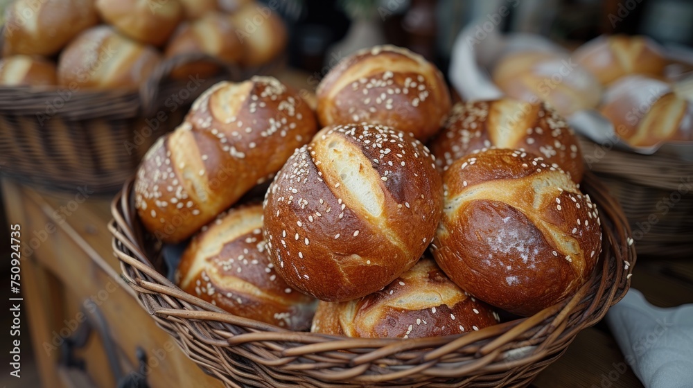 a basket filled with loaves of bread sitting on top of a table next to other loaves of bread. a basket filled with loaves of bread sitting on top of a table next to other loaves of bread.