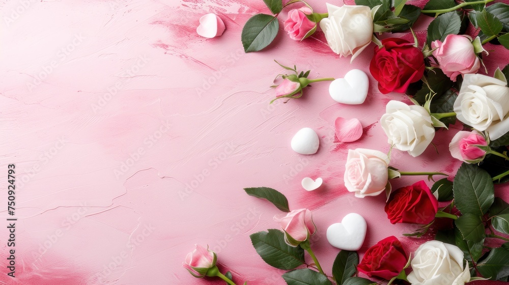 a pink background with white and red roses and eggs in the middle of the frame on the left side of the image is a pink background with white and red roses on the right side. a pink background with white and red roses and eggs in the middle of the frame on the left side of the image is a pink background with white and red roses on the right side.