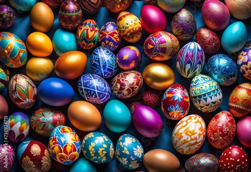 illustration, vibrant close photography decorated easter eggs featuring spectrum colors intricate patterns, artistic, backdrop, bright, celebration, colorful