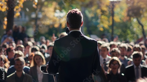 Man politician doing a speech outdoor in front of a crowd of members of a political party
