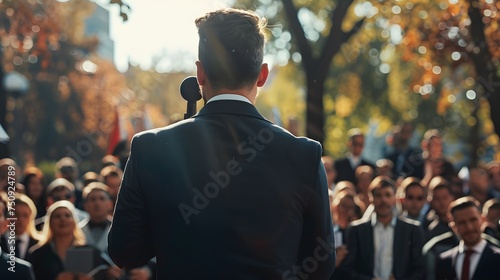 Man politician doing a speech outdoor in front of a crowd of members of a political party 