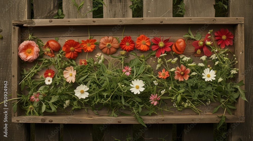 a close up of a bunch of flowers on a wooden shelf with a fence in the background and a bunch of flowers in the foreground.