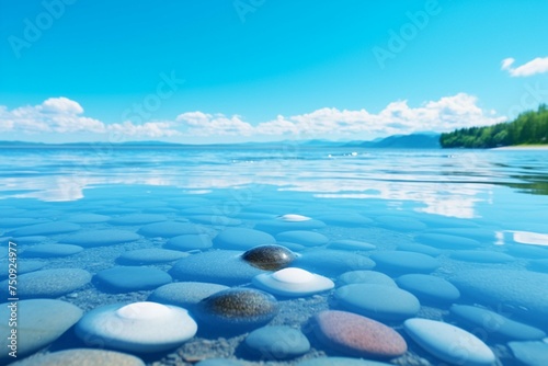 Tranquil scene Pebbles in water with a serene blue sky