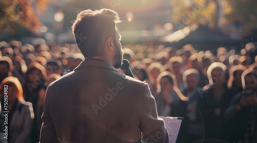 Man politician doing a speech outdoor in front of a crowd of members of a political party 