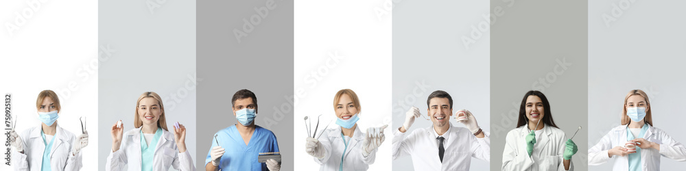 Collage of dentists on white and grey backgrounds