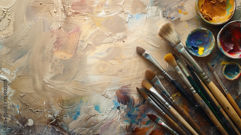 Fototapeta premium Oil paint brushes on a colorful abstract painting background