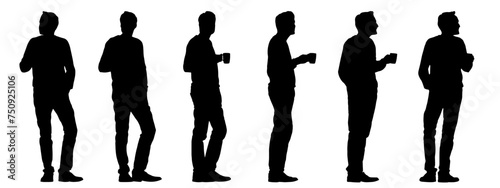 Vector concept conceptual black silhouette of a casually dressed men holding a cup in hand from different perspectives isolated on white background. A metaphor for taking a break, rest and relaxation