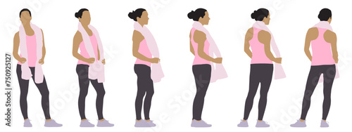 Vector conceptual silhouette of an active woman with a towel around her neck from different perspectives isolated on white. A metaphor for active, health, self-care, wellness and lifestyle