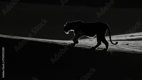 a black - and - white photo of a cheetah walking in the dark with its head turned to the side. photo