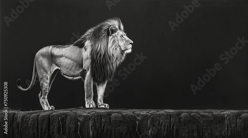 a black and white photo of a lion standing on top of a piece of wood in front of a black background.