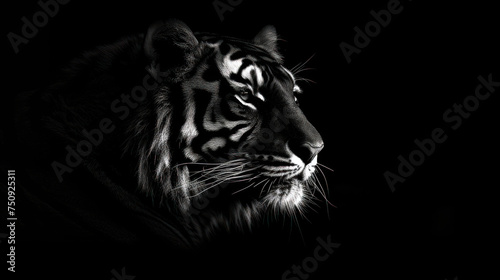 a black and white photo of a tiger's face in the dark, with the light coming from the side of the tiger's head.