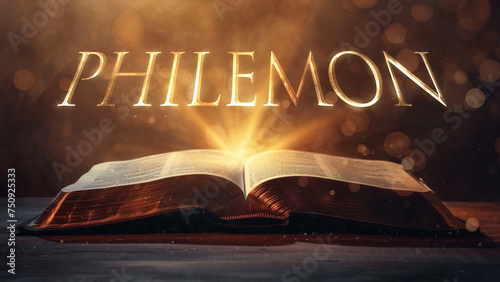 Book of Philemon. Open bible revealing the name of the book of the bible in a epic cinematic presentation. Ideal for slideshows, bible study, banners, landing pages, religious cults and more.