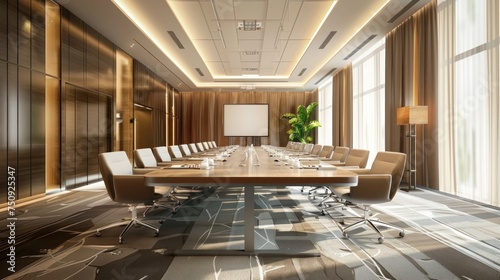 Large modern hotel conference room with high-tech equipment, long table, comfortable chairs and large panoramic windows