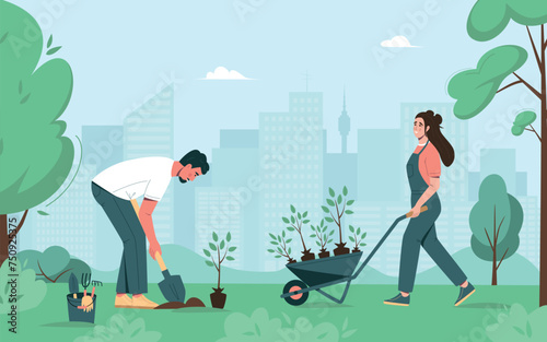 Environmental care poster. People planting trees, seedings in city park. Environmental care and volunteerism concept. Engage for a greener future. Flat cartoon vector illustration