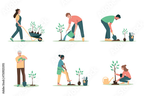 Set of people of different ages planting trees, seedings. Environmental care and volunteerism concept, spring gardening. Flat cartoon vector illustration isolated on white background