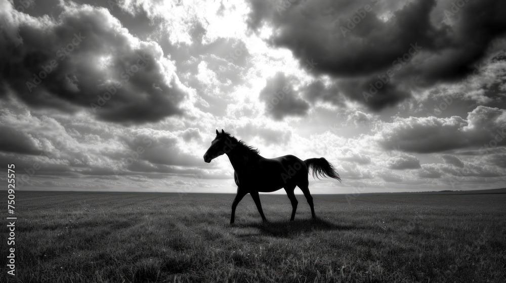 a black and white photo of a horse running in a field with a cloudy sky in the background and a black and white photo of a horse in the foreground. a black and white photo of a horse running in a field with a cloudy sky in the background and a black and white photo of a horse in the foreground.