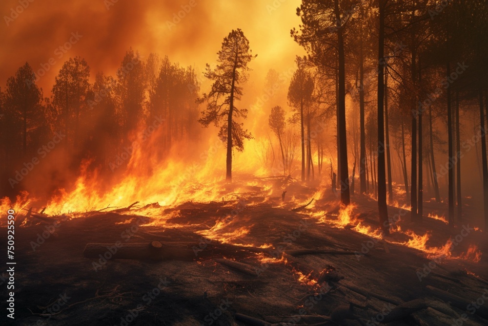 view Environmental crisis Forest ablaze, widespread fire, air pollution and habitat damage