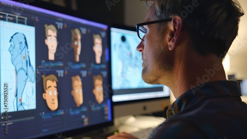 An animator intently works on character designs on a large digital screen