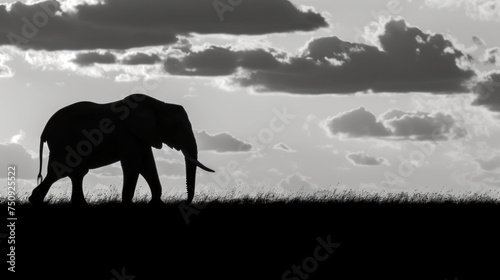 a black and white photo of an elephant standing in a field with a cloudy sky in the backround.