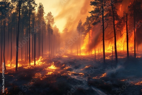 Fires destructive path Forest ablaze  causing environmental harm and pollution