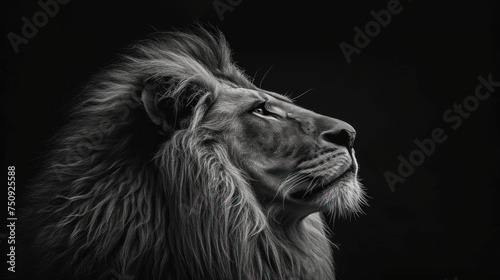 a black and white photo of a lion's head with a black background and a black background behind it. © Anna