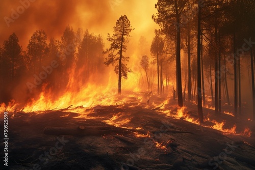 view Environmental crisis Forest ablaze  widespread fire  air pollution and habitat damage