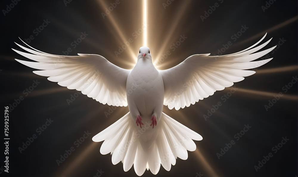 Fototapeta premium A white dove on a dark background and rays of light in the background