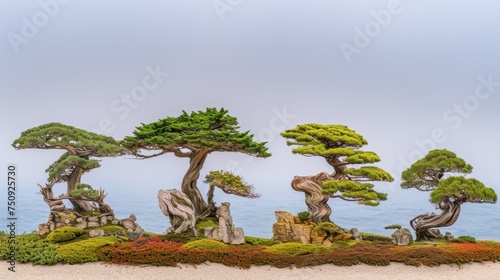 a group of bonsai trees sitting on top of a lush green hillside next to the ocean on a cloudy day.
