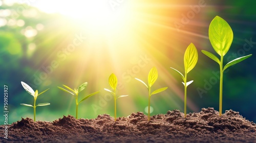 a group of plants sprouting out of the ground with the sun shining through the trees in the background. photo