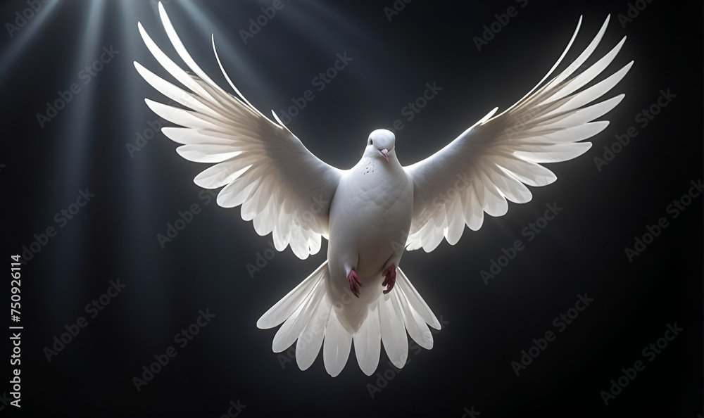Obraz premium A white dove on a dark background and rays of light in the background
