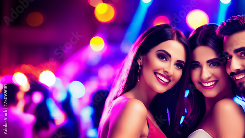 Young smiling friends having fun partying at night and having a good time in a discotheque with colorful lights background.