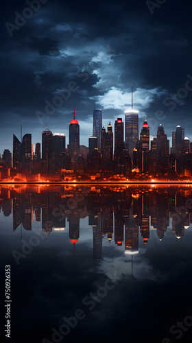 a brief city skyline at night, city lights and water reflections, and modern mobile wallpaper aesthetic, photography, smartphone camera Generative AI