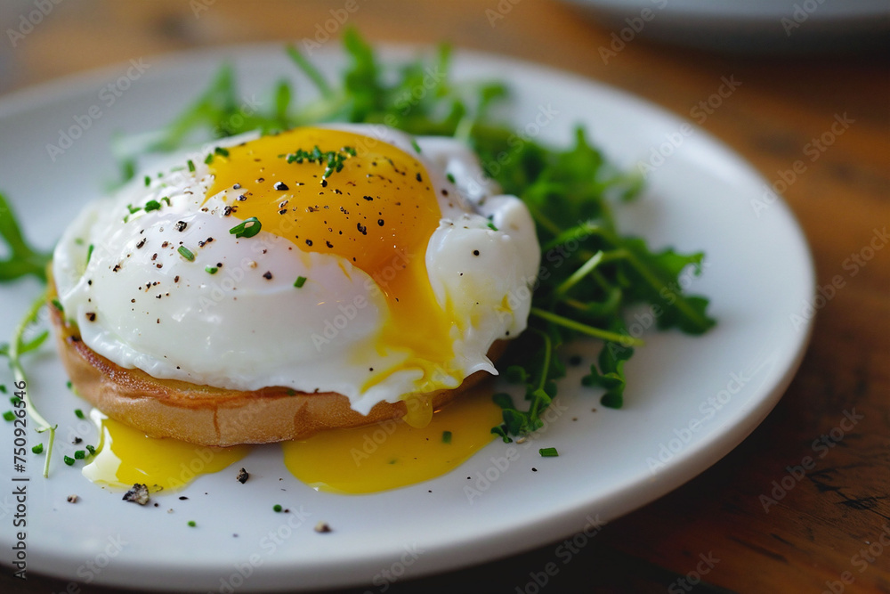 Poached egg on toast, runny yolk, bed of arugula, white plate. A simple yet sophisticated breakfast choice, showcasing fresh ingredients and culinary finesse. Poached egg on toast, runny yolk, bed of arugula, white plate. A simple yet sophisticated breakfast choice, showcasing fresh ingredients and culinary finesse.