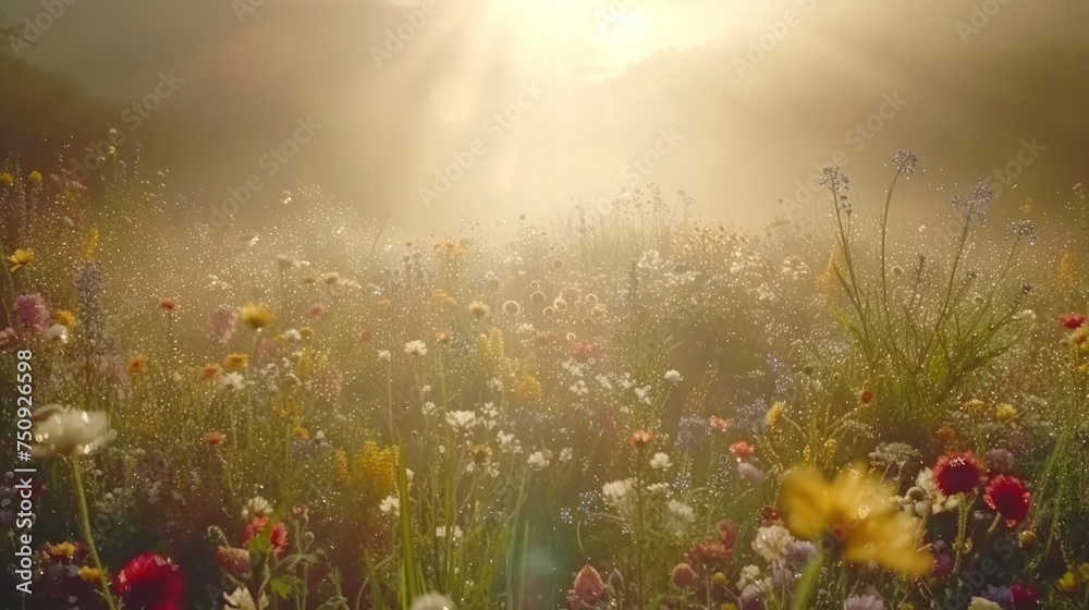 the sun shines through the clouds over a field of wildflowers in a field of wildflowers. the sun shines through the clouds over a field of wildflowers in a field of wildflowers.