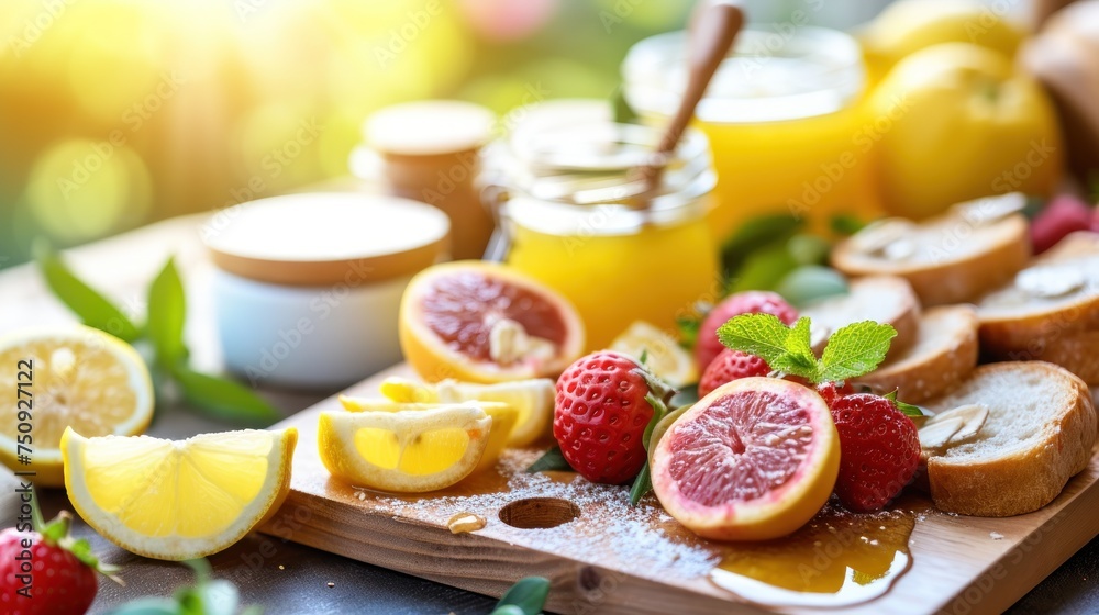 a cutting board topped with sliced lemons and raspberries next to a jar of honey and a jar of lemonade.