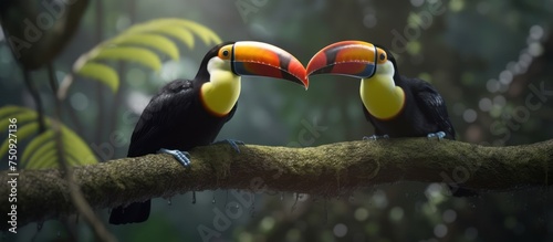 Two keel-billed Toucan birds, large-beaked birds.sitting on a tree branch, nature background