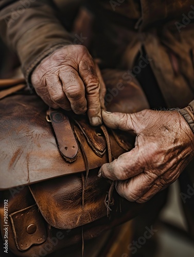 A close-up of a weathered leather worker's hands expertly crafting a bespoke leather bag. Close-up of an old man working with a leather bag. Close up of a hand of an old man working in a leather works
