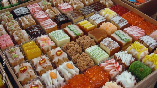 a box filled with lots of different types of desserts in it's display case on top of a table.