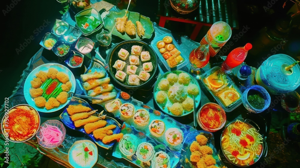 a table topped with lots of food and bowls of dipping sauces and dipping sauces on top of it.
