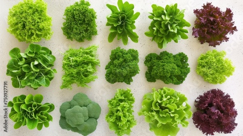 a collection of different types of lettuce on a white surface with a green leafy plant in the middle.