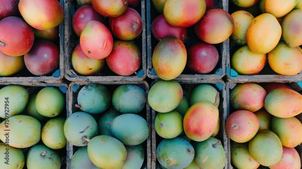 a bunch of boxes filled with lots of different types of fruit on top of a wooden table in front of a blue wall. a bunch of boxes filled with lots of different types of fruit on top of a wooden table in front of a blue wall.