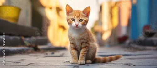 A small orange and white cat sits gracefully on the ground, looking around curiously. The cat appears comfortable and content, displaying a sense of curiosity and alertness. photo