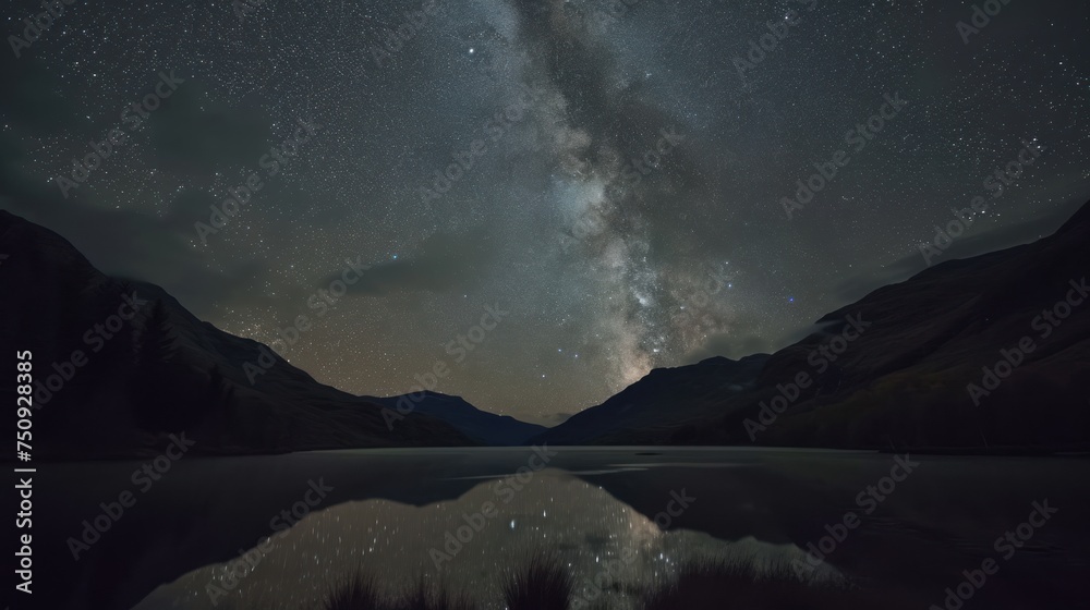 a lake surrounded by mountains under a night sky filled with stars and a bright star filled sky filled with stars.