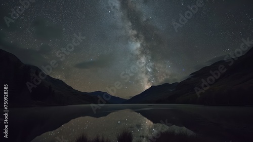 a lake surrounded by mountains under a night sky filled with stars and a bright star filled sky filled with stars.