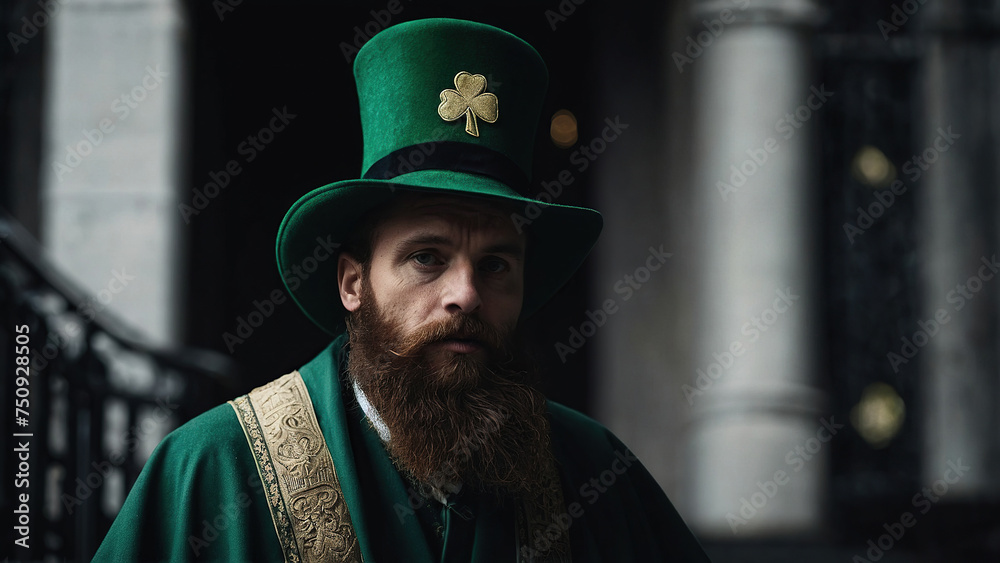 An adult man with a beard wearing a green headdress and frock coat for St. Patrick's Day. An adult man with a beard wearing a green headdress and frock coat for St. Patrick's Day.