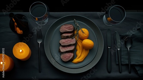 a dinner plate with meat, oranges, and a knife and fork on a black table cloth with candles and utensils. photo