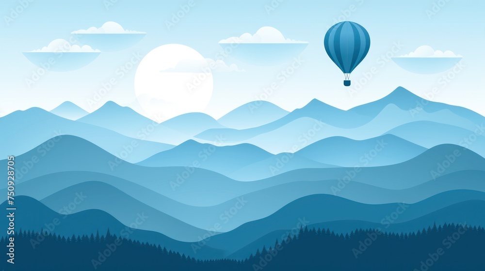Fototapeta premium an illustration of a hot air balloon flying over a mountain range with a full moon in the sky above it.