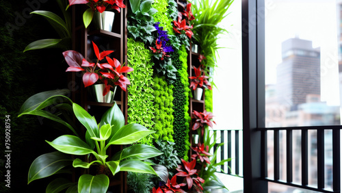 Beautiful and modern vertical garden with different types of plants and flowers in an ecological building.