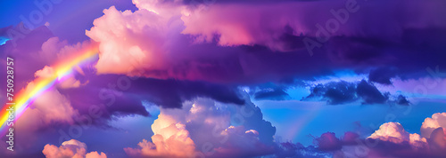 Large cumulus clouds with rainbow and blue sky background.
